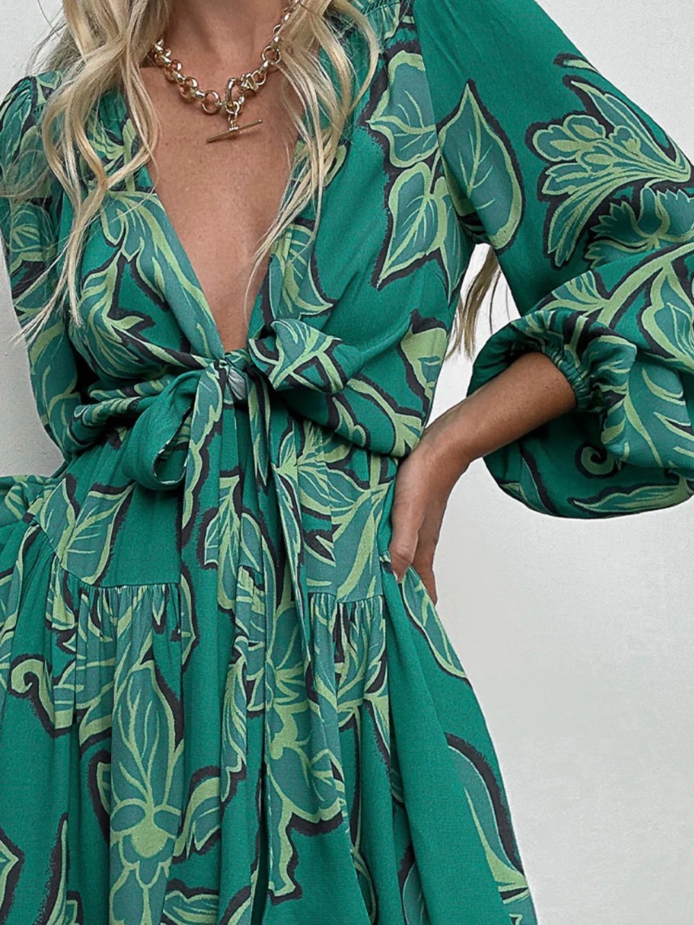 Kivari Emerald Green Floral Tie-Front Maxi Dress